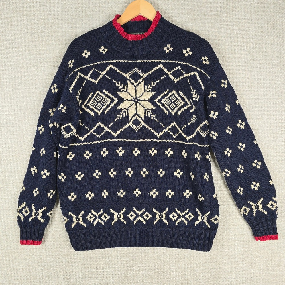 VTG Lauren Ralph Lauren Hand Knit Sweater Womens S Linen Cotton Fair Isle Navy